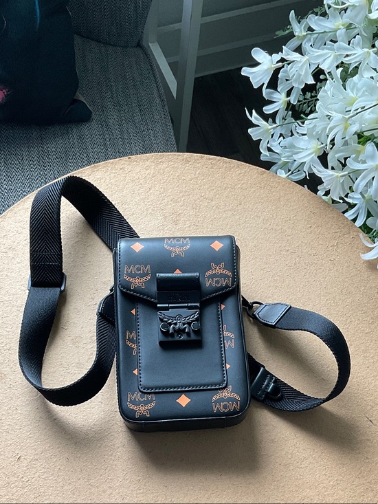 MCM Other - MCM Black & Cognac Visetos Crossbody Phone Pouch with Signature Hardware